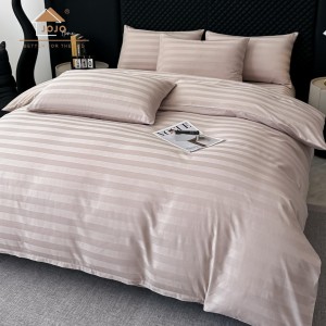 Lenjerie de Pat HoReCa DeLuxe, Damasc Premium din Bumbac Egiptean 100% , 6 Piese, Dunga Lata Tesuta, Cearceaf cu Elastic, Roz Prafuit Pal