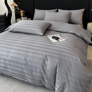 Lenjerie de Pat HoReCa DeLuxe, Damasc Premium din Bumbac Egiptean 100% , 6 Piese, Dunga Lata Tesuta, Cearceaf cu Elastic, Gri Mediu