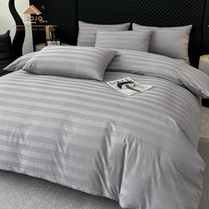 Lenjerie de Pat HoReCa DeLuxe, Damasc Premium din Bumbac Egiptean 100% , 6 Piese, Dunga Lata Tesuta, Cearceaf cu Elastic, Gri Deschis