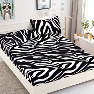 Cearsaf cu elastic, Bumbac FINET, 160/180x200cm, 2 fete de perne 50x70cm, Jojo Home, Alb, Negru, Zebra