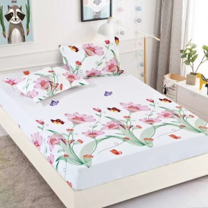 Cearsaf cu elastic, Bumbac FINET, 160/180x200cm, 2 fete de perne 50x70cm, Jojo Home, Alb, Flori