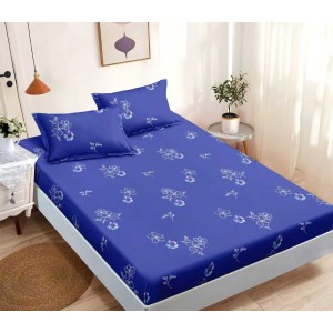 Cearsaf cu elastic, Bumbac FINET, 160/180x200cm, 2 fete de perne 50x70cm, Jojo Home, Albastru, flori