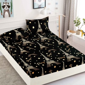 Cearsaf cu elastic, Bumbac FINET, 160/180x200cm, 2 fete de perne 50x70cm, Jojo Home, Negru, Turnul Eiffel
