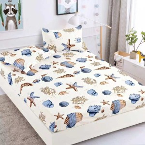 Cearsaf cu elastic, Bumbac FINET, 160/180x200cm, 2 fete de perne 50x70cm, Jojo Home, Bej, Scoici, Stelute de mare