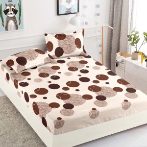 Cearsaf cu elastic, Bumbac FINET, 160/180x200cm, 2 fete de perne 50x70cm, Jojo Home, Bej, Buline si Cercuri
