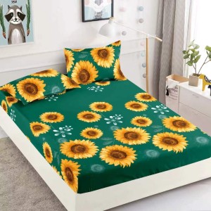 Cearsaf cu elastic, Bumbac FINET, 160/180x200cm, 2 fete de perne 50x70cm, Jojo Home, Verde, Floarea Soarelui
