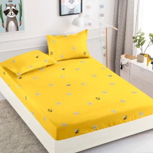 Cearsaf cu elastic, Bumbac FINET, 160/180x200cm, 2 fete de perne 50x70cm, Jojo Home, Galben, Musetel si Albinute