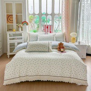 Lenjerie de Pat Premium, Bumbac 100%, cu Broderie si Volanase din Dantela, 4 Piese, Cearsaf cu Elastic, Alb, Bleu, Floricele Lenjerie de Pat Premium, Bumbac 100%, cu Broderie si Volanase din Dantela, 4 Piese, Cearsaf cu Elastic, Alb, Bleu, Floricele