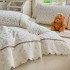 Lenjerie de Pat Premium, Bumbac 100%, cu Broderie si Volanase din Dantela, 4 Piese, Cearsaf cu Elastic, Alb, Bej, Bleu, Floricele [4]