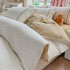 Lenjerie de Pat Premium, Bumbac 100%, cu Broderie si Volanase din Dantela, 4 Piese, Cearsaf cu Elastic, Alb, Bej, Floricele [3]