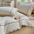 Lenjerie de Pat Premium, Bumbac 100%, cu Broderie si Volanase din Dantela, 4 Piese, Cearsaf cu Elastic, Alb, Bej, Floricele [5]