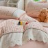 Lenjerie de Pat Premium, Bumbac 100%, cu Broderie si Volanase din Dantela, 4 Piese, Cearsaf cu Elastic, Alb, Roz, Inimioare, Carouri [5]