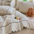 Lenjerie de Pat Premium, Bumbac 100%, cu Broderie si Volanase din Dantela, 4 Piese, Cearsaf cu Elastic, Crem, Bej, Floricele [4]