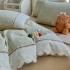 Lenjerie de Pat Premium, Bumbac 100%, cu Broderie si Volanase din Dantela, 4 Piese, Cearsaf cu Elastic, Verde, Bej, Floricele [4]