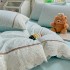 Lenjerie de Pat Premium, Bumbac 100%, cu Broderie si Volanase din Dantela, 4 Piese, Cearsaf cu Elastic, Bleu, Floricele [4]