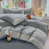 Lenjerie de Pat Premium, Bumbac 100%, cu Broderie si Volanase din Dantela, 4 Piese, Cearsaf cu Elastic, Gri, Floricele [2]