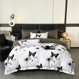 Lenjerie pat dublu, FINET DeLuxe, 6 piese, cu ELASTIC, Jojo Home, Cutie Eleganta, Alb, Negru, Fluturi