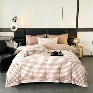 Lenjerie pat dublu, FINET DeLuxe, 6 piese, cu ELASTIC, Jojo Home, Cutie Eleganta, Bej, Carouri