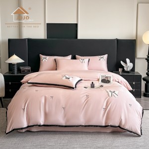 Lenjerie de Pat Premium Satin Deluxe cu Broderie Eleganta, Bumbac 100%, 4 Piese - Finete, Luciu Discret si Confort Superior, Pink Bow