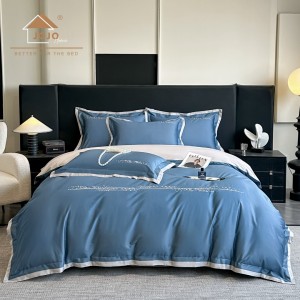 Lenjerie de Pat Premium Satin Deluxe cu Broderie Eleganta, Bumbac 100%, 4 Piese - Finete, Luciu Discret si Confort Superior, Blue Simplicity