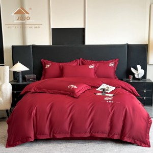 Lenjerie de Pat Premium Satin Deluxe cu Broderie Eleganta, Bumbac 100%, 4 Piese - Finete, Luciu Discret si Confort Superior, Red Passion
