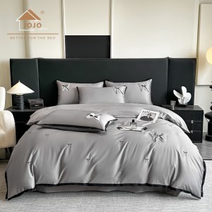 Lenjerie de Pat Premium Satin Deluxe cu Broderie Eleganta, Bumbac 100%, 4 Piese - Finete, Luciu Discret si Confort Superior, Gray Bow