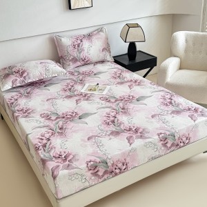 Cearsaf cu elastic, Bumbac FINET, 160/180x200cm, 2 fete de perne 50x70cm, Jojo Home, Alb, Mov, Bujori si Lacramioare