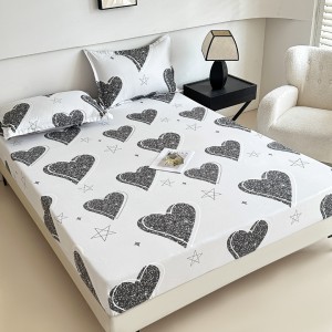 Cearsaf cu elastic, Bumbac FINET, 160/180x200cm, 2 fete de perne 50x70cm, Jojo Home, Gri, Inimioare