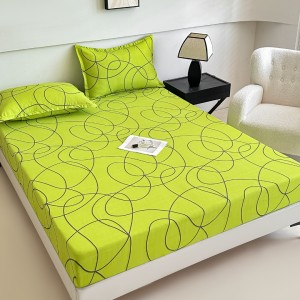 Cearsaf cu elastic, Bumbac FINET, 160/180x200cm, 2 fete de perne 50x70cm, Jojo Home, Verde, Dungi