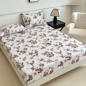 Cearsaf cu elastic, Bumbac FINET, 160/180x200cm, 2 fete de perne 50x70cm, Jojo Home, Alb, Mov, Flori