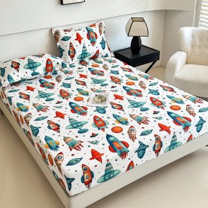 Cearsaf cu elastic, Bumbac FINET, 160/180x200cm, 2 fete de perne 50x70cm, Jojo Home, Alb, Rachete