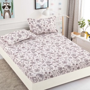 Cearsaf cu elastic, Bumbac FINET, 160/180x200cm, 2 fete de perne 50x70cm, Jojo Home, Bej, Flori