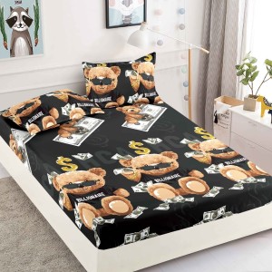 Cearsaf cu elastic, Bumbac FINET, 160/180x200cm, 2 fete de perne 50x70cm, Jojo Home, Negru, Ursuleti