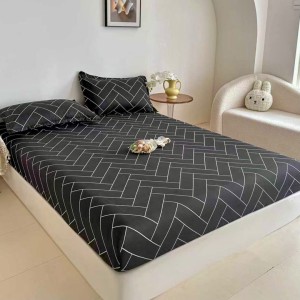 Cearsaf cu elastic, Bumbac FINET, 160/180x200cm, 2 fete de perne 50x70cm, Jojo Home, Negru, Forme Geometrice