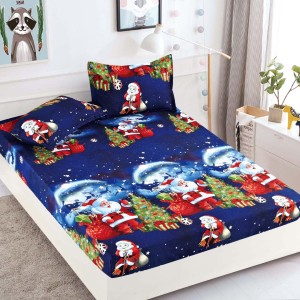 Cearsaf cu elastic, Bumbac FINET, 160/180x200cm, 2 fete de perne 50x70cm, Craciun, Jojo Home, Bleumarin, Mos Craciun