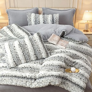 Lenjerie de pat cu Pilota Inclusa, Cearceaf cu Elastic, 6 Piese, Blană de Iepure Artificială si Catifea, Animal Print, Alb cu Gri deschis
