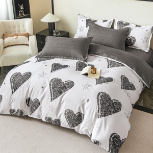Lenjerie pat 1 PERSOANA,  FINET, 4 piese, Jojo Home, Alb, Gri, Inimioare