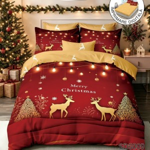 Lenjerie pat dublu, FINET, Imprimeu Digital 5D - Identic cu poza, Cu ELASTIC, 6 piese, Rosu, Bej, Reni, Merry Christmas