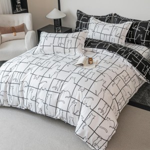 Lenjerie pat 1 PERSOANA,  FINET, 4 piese, Jojo Home, Alb, Negru, Pisicute