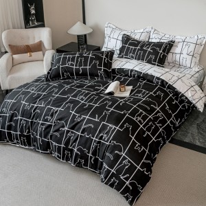 Lenjerie pat 1 PERSOANA,  FINET, 4 piese, Jojo Home, Negru, Alb, Pisicute