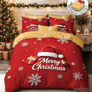Lenjerie pat dublu, FINET, Imprimeu Digital 5D - Identic cu poza, Cu ELASTIC, 6 piese, Rosu, Bej, Merry Christmas