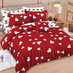 Lenjerie pat dublu, Finet, 6 piese, Alb, Rosu, inimioare