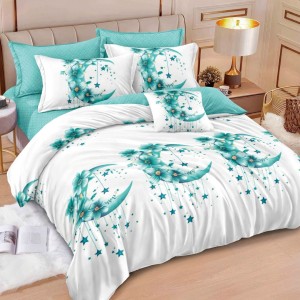 Lenjerie pat dublu, Finet, 6 piese, Alb, Bleu luna si stele