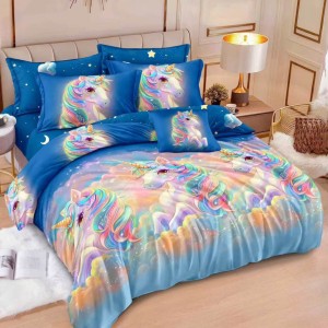 Lenjerie pat dublu, Finet, 6 piese, Albastru, unicorni Lenjerie pat dublu, Finet, 6 piese, Albastru, unicorni