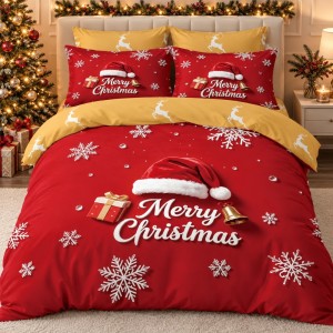 Lenjerie pat dublu, FINET, Imprimeu Digital 5D - Identic cu poza, Cu ELASTIC, 6 piese, Rosu, Bej, Merry Christmas
