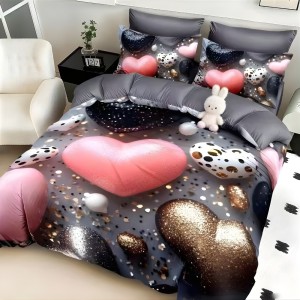Lenjerie pat dublu, FINET, Imprimeu Digital 5D - Identic cu poza, Cu ELASTIC, 6 piese, Gri, inimioare Lenjerie pat dublu, FINET, Imprimeu Digital 5D - Identic cu poza, Cu ELASTIC, 6 piese, Gri, inimioare