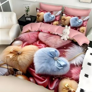 Lenjerie pat dublu, FINET, Imprimeu Digital 5D - Identic cu poza, Cu ELASTIC, 6 piese, Roz, inimioare pufoase Lenjerie pat dublu, FINET, Imprimeu Digital 5D - Identic cu poza, Cu ELASTIC, 6 piese, Roz, inimioare pufoase