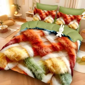 Lenjerie pat dublu, FINET, Imprimeu Digital 5D - Identic cu poza, Cu ELASTIC, 6 piese, Multicolor, pufuri Lenjerie pat dublu, FINET, Imprimeu Digital 5D - Identic cu poza, Cu ELASTIC, 6 piese, Multicolor, pufuri