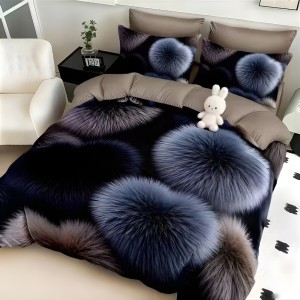 Lenjerie pat dublu, FINET, Imprimeu Digital 5D - Identic cu poza, Cu ELASTIC, 6 piese, Negru, Bej, buline pufoase Lenjerie pat dublu, FINET, Imprimeu Digital 5D - Identic cu poza, Cu ELASTIC, 6 piese, Negru, Bej, buline pufoase