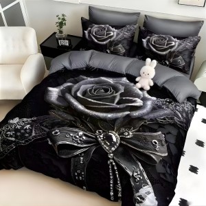 Lenjerie pat dublu, FINET, Imprimeu Digital 5D - Identic cu poza, Cu ELASTIC, 6 piese, Negru, trandafir Lenjerie pat dublu, FINET, Imprimeu Digital 5D - Identic cu poza, Cu ELASTIC, 6 piese, Negru, trandafir